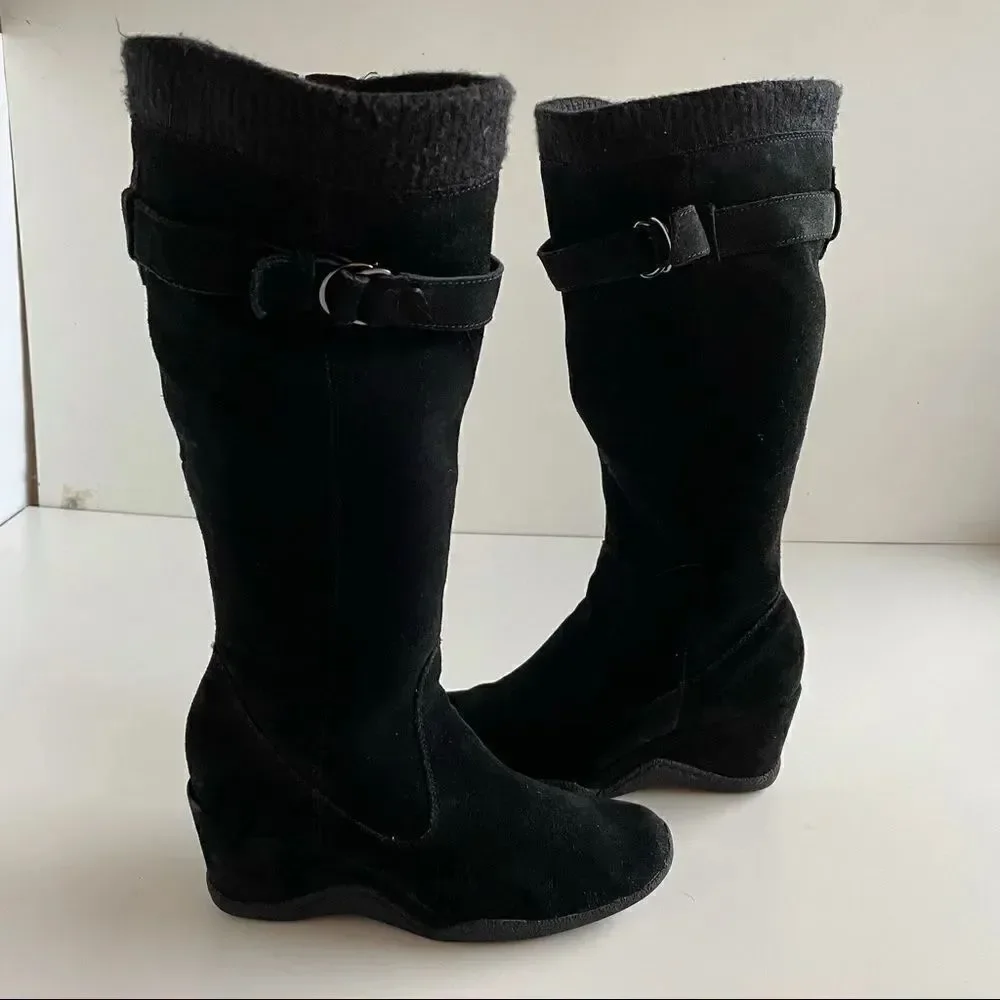 Black suede Sz 8 real leather wedge heel heeled over the knee or knee boots